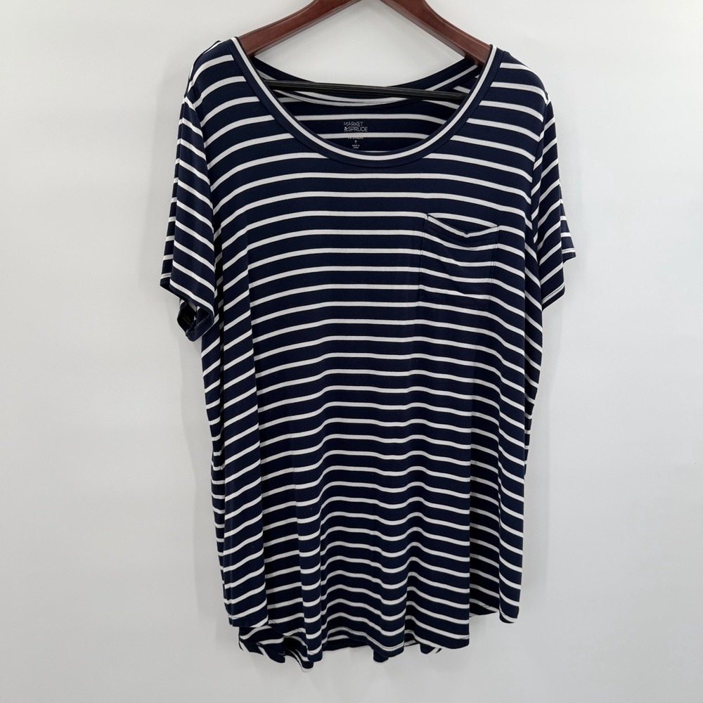 Market & Spruce Striped Pocket Tee Coastal Preppy Nautical Relaxed T-Shirt 2X